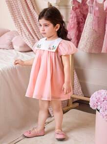 Vestido corto de manga corta para niña bebé, de estilo elegante y lindo, con estampado floral de organza y patchwork, para verano - Rosa - Ver 5