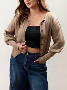SHEIN BIZwear 大码女式纯色长袖单排扣休闲开衫 - 咖啡棕 - 查看 3