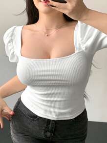 Dazy Plus Camiseta acanalada de cuello cuadrado ajustada con mangas abullonadas, para primavera/verano