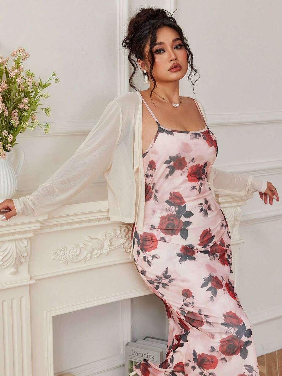 Modelyn Women Plus Size 2 Pieces Set: Net Sheer Long Sleeve Tie Front Jacket + Net Sheer Floral Print Slip Dress Fall Cloth For Women - Pink - View 1