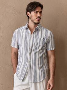 Manfinity VCAY 男士梭织条纹修身短袖休闲衬衫，夏季 - 藍白色 - 查看 1