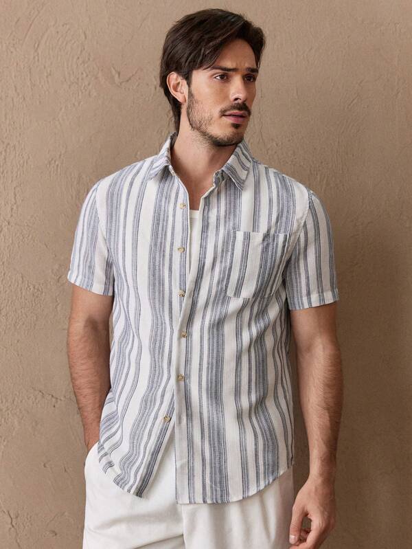HIMLAND Men's Woven Striped Slim-Fit Short Sleeve Casual Shirt, Summer