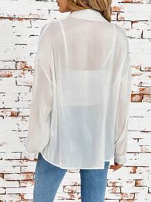 SHEIN Clasi 透明素色简约翻领衬衫、长袖上衣、亮缎衬衫 - 白色 - 查看 2