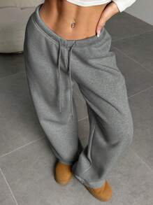 SHEIN EZwear 女士纯色抽绳腰休闲宽松时尚运动裤 - 深灰色 - 查看 4