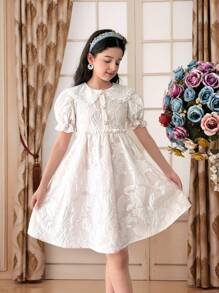 SHEIN Tween Girls Cute & Elegant Jacquard Organza Lace Peter Pan Collar Puff Sleeve Mini Dress - White - View 4