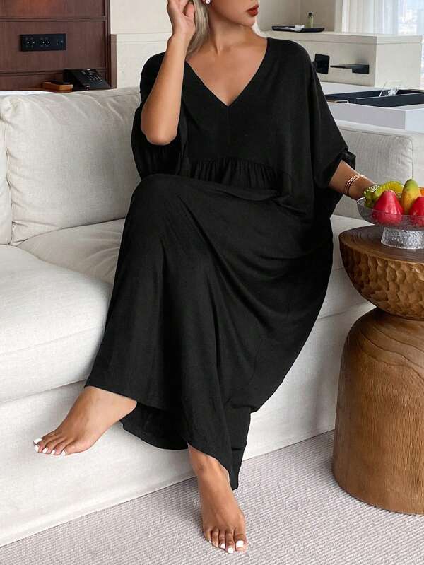 DAZY Loose Pleated V-Neck Batwing Sleeve Long Women Home Dress