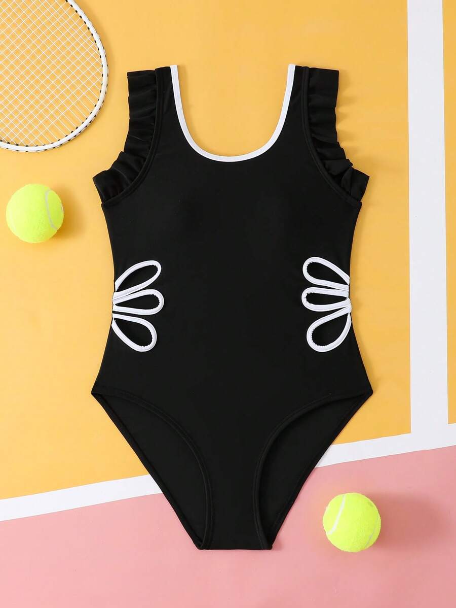 Tween Girl Black Hollow One-Piece Swimsuit - Black and White - View 1