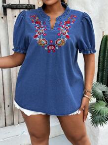 Slaydiva Plus Size Denim Blouse, Casual Short Sleeve Embroidered Loose Fit Blue