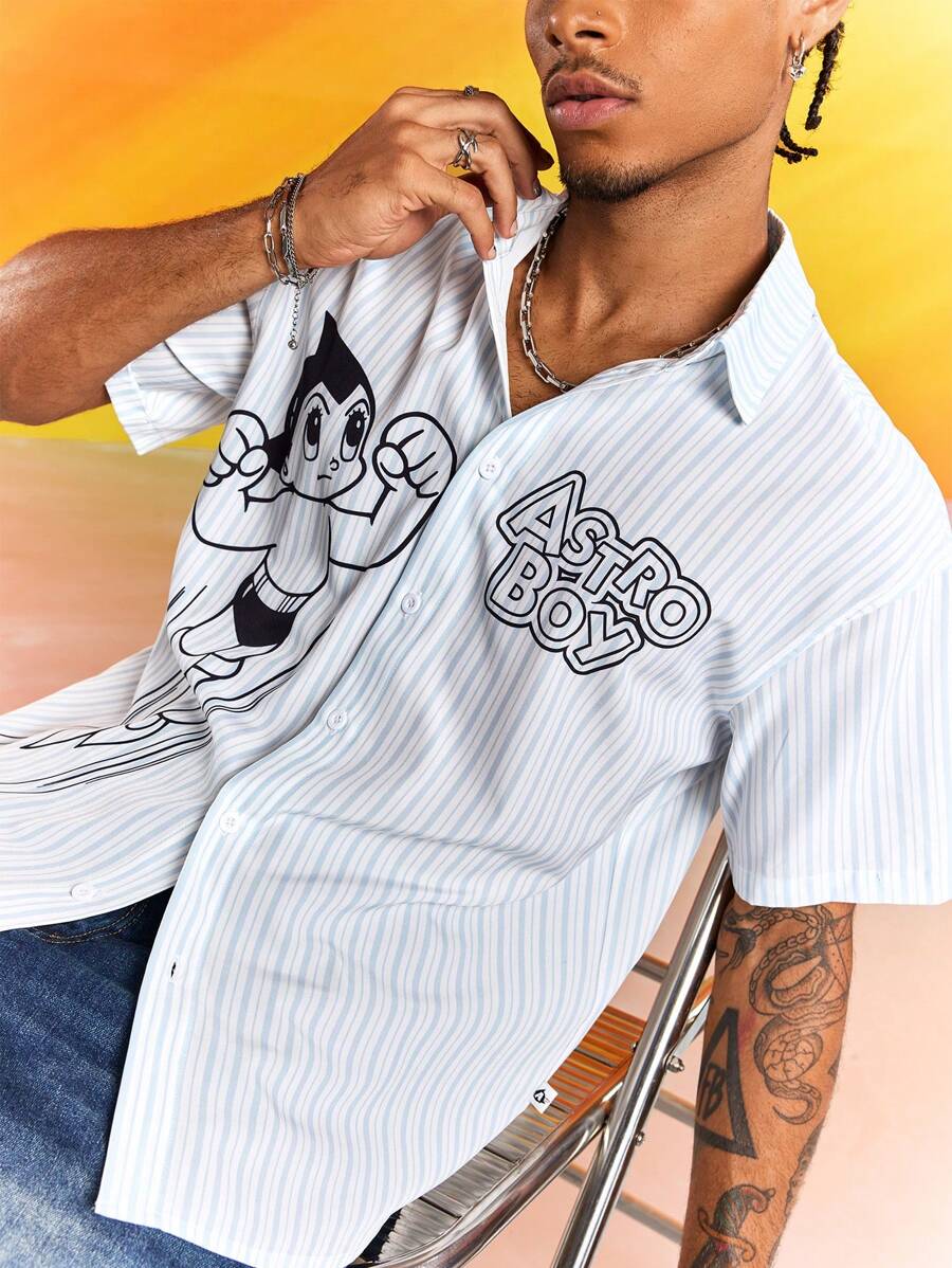 Astro Boy X SHEIN Men's Striped And Cartoon Print Front Button Casual Short Sleeve Shirt - White - View 1
