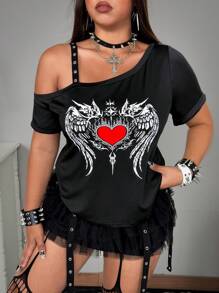 Whyspr Grunge Punk Plus Size Rave Fashionable Punk Heart Print Asymmetrical Shoulder Elastic Knit T-Shirt - Black - View 3