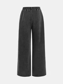 SHEIN 青少年女孩合身短袖圆领T恤和宽松阔腿针织裤套装 - 黑色 - 查看 8