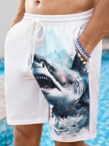 Manfinity VCAY Men's Casual Shark Print Fitted Woven Shorts, Suitable For Summer - White - View 4
