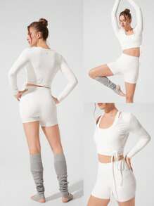 GLOWMODE Top court à manches longues FeFeatherFit™ avec col V et ceinture à la taille, adapté au yoga à faible impact et à l'usage quotidien en été