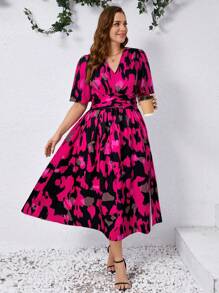 SHEIN Clasi 大码女式度假扎染花卉印花荷叶边袖优雅长裙 - 玫紅色 - 查看 3