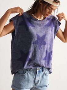 Bohemela Áo thun dệt kim cổ tròn in hình ngôi sao phong cách thường ngày theo phong cách Boho Country Vacation dành cho nữ - Màu xanh lam - Xem 1