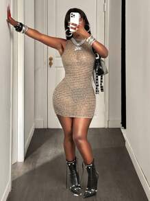 BamGleam Sexy Casual Minimalist Sleeveless Bodycon Mini Dress,Summer Simple Round Neck Letter Print Sheer Mesh Fitted Tank Dress For Women Club Party Streetwear Beach Outfits - Apricot - View 6