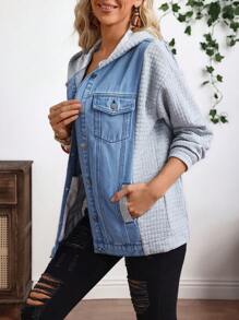 EMERY ROSE Women's Casual Button-Up Denim Hooded Jacket, For Daily Wear - Blue - View 4