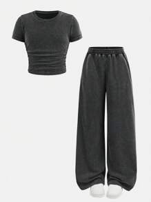 SHEIN 青少年女孩合身短袖圆领T恤和宽松阔腿针织裤套装 - 黑色 - 查看 9