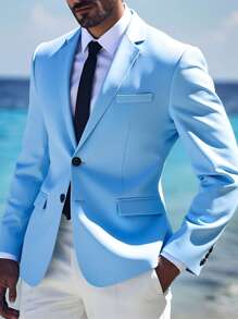 Manfinity Mode Men's Solid Color Lapel Neck Long Sleeve Casual Suit Jacket - Baby Blue - View 1