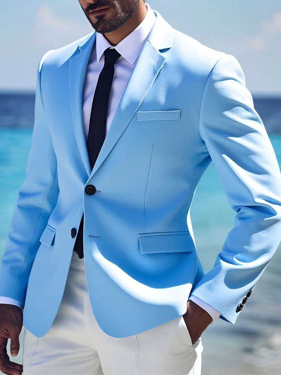 Manfinity Mode Men's Solid Color Lapel Neck Long Sleeve Casual Suit Jacket - Baby Blue - View 1
