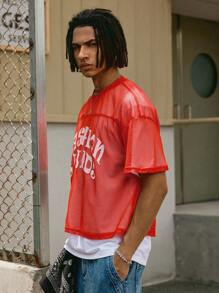 Manfinity Streetrush Camiseta de manga corta con diseño de letra de estilo callejero joven, semi transparente y con hombros caídos