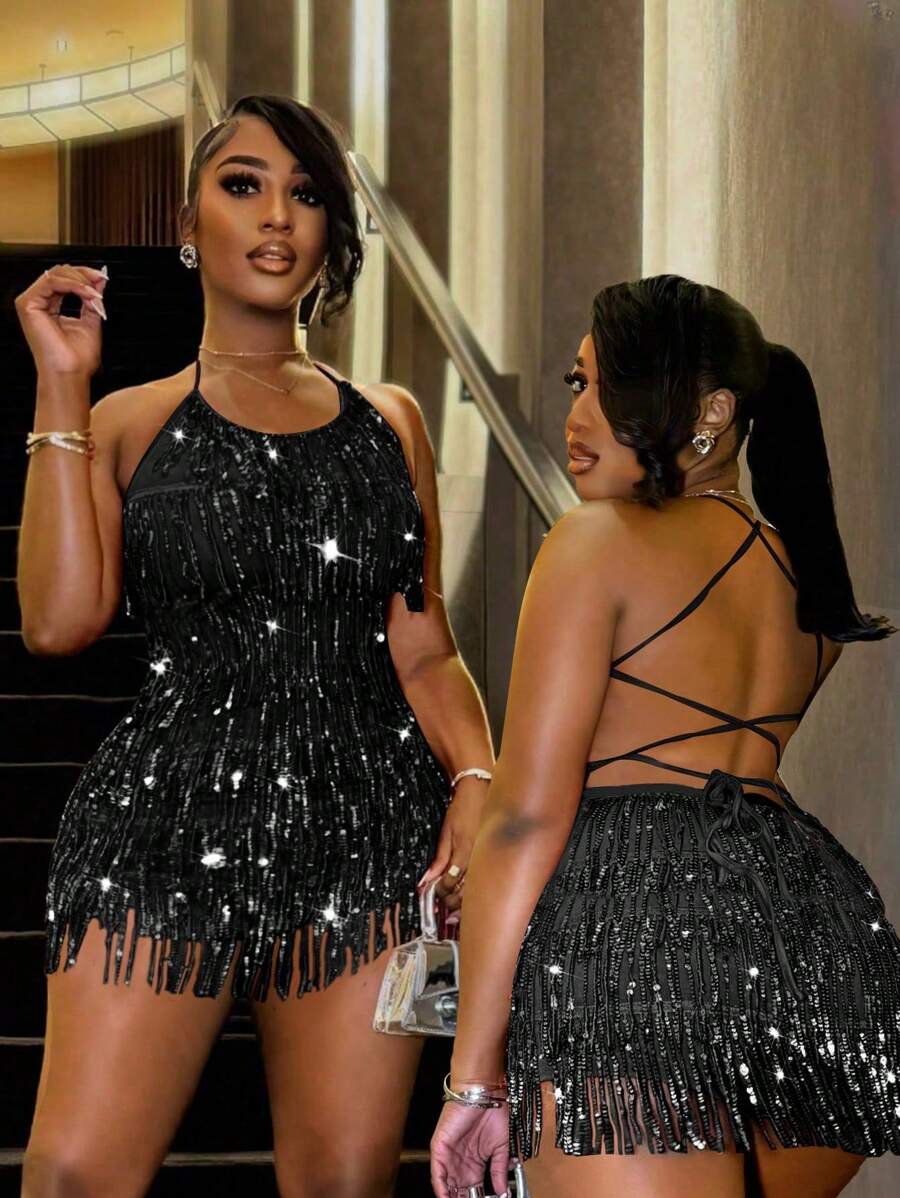 BamGleam 新款秋冬女装时尚性感细肩带交叉后背流苏装饰休闲连体衣派对、新年夜、生日、时尚、感恩节服装女士外出、度假 - 黑色 - 查看 1