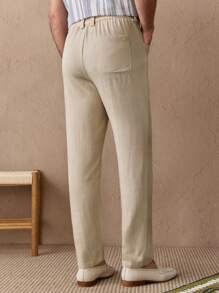 HIMLAND Men's Woven Slim-Fit Mid-Waist Drawstring Waist Long Straight Casual Pants, Suitable For Everyday Wear - Khaki - View 4