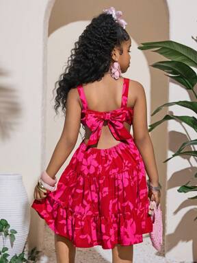 SHEIN Tween Girl Summer Vacation Style Floral Print Halter Neck Cutout Waist Sun Dress,Red Dresses