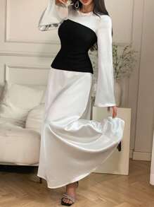 DAZY Damen Rundhals Langarm einfarbiges Midi-Kleid, Herbst - Schwarz und Weiss - Übersicht 3