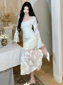 DAZY Vestido de largo medio con volantes texturizados, para primavera/verano - Blanco - Ver 4