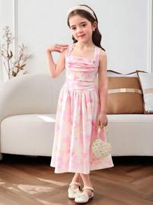SHEIN Leap Crew 2pcs/Set Young Girl Chiffon Ditsy Floral Pleated Pullover Top And Mini Skirt - Pink - View 6