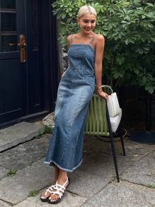 DAZY 女士休闲水洗牛仔吊带裙，适合春夏季 - 藍色 - 查看 6