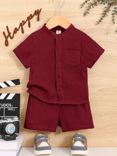 Baby Boy Short Sleeve Solid Color Single-Breasted Pocket Shirt And Shorts Set