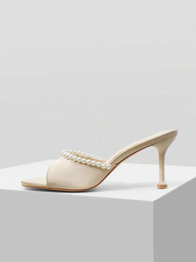 FAUX PEARL OPEN TOE HIGH HEEL SANDALS