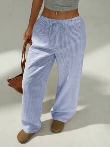 SHEIN PETITE Pantalones casuales de rayas rosa y blanco para el hogar, adecuados para primavera y verano, para damas de estatura baja