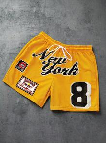 Manfinity Roghcode Men's Streetwear Sportswear, INS-Style High-Street Oversized Numeral "8" Print With New York Lettering Design, Yellow Mesh Fabric Sports Shorts, Basketball Shorts, Yellow Shorts, Suitable For Music Festivals And Daily, Gift For Boyfriend/Husband, Street Fashion, Y2K, Hip-Hop Rock - Multicolor - View 3