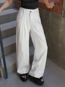 SHEIN ICON Damen Loose Fit Plissee Taschen Lässig Weite Bein Jeans