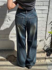 SHEIN ICON 休闲水洗褶皱阔腿宽松牛仔裤 - 黑色 - 查看 2