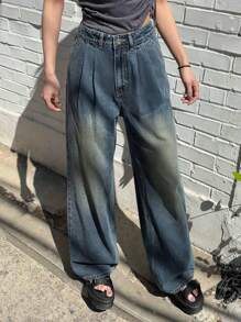 SHEIN ICON 休闲水洗褶皱阔腿宽松牛仔裤 - 黑色 - 查看 6