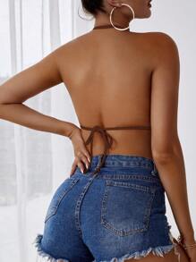 SHEIN SXY Women's Backless Halter Neck Tie Knot Top - Brown - View 2