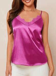 Amorya 女士蕾丝拼接优雅缎面蓝色吊带背心，春夏季百搭，可单独穿着，秋冬季可搭配夹克/开衫，适合日常通勤