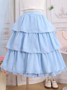 SHEIN Tween Girls Versatile Ruffle Elastic Waist Elegant Cake Skirt, Summer - Baby Blue - View 2
