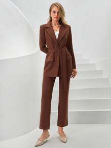 SHEIN Blazer A Colletto A Revers Con Cintura E Pantaloni Due Pezzi