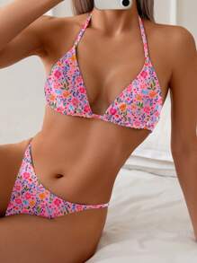 Women's 2Pcs Tropical Plant Print Halter Sexy Bikini Set, Summer - Multicolor - View 1