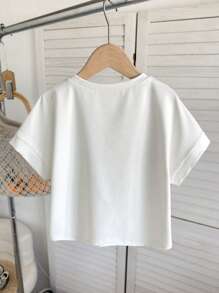 SHEIN 青少年女孩休闲纯色宽松圆领卷袖短款T恤 - 白色 - 查看 2