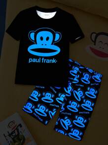Paul Frank X SHEIN 青少年男孩卡通蓝色图案黑色休闲短袖 T 恤和短裤运动服套装 - 彩色 - 查看 1