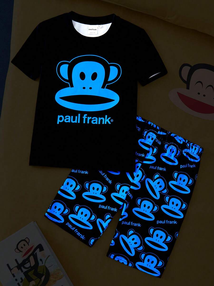 Paul Frank X SHEIN 青少年男孩卡通蓝色图案黑色休闲短袖 T 恤和短裤运动服套装 - 彩色 - 查看 1