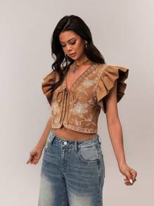 SHEIN Forever 21 春季新品 女款波西米亞風刺繡短袖前綁帶上衣 度假海灘穿搭 - 卡其色 - 查看 6