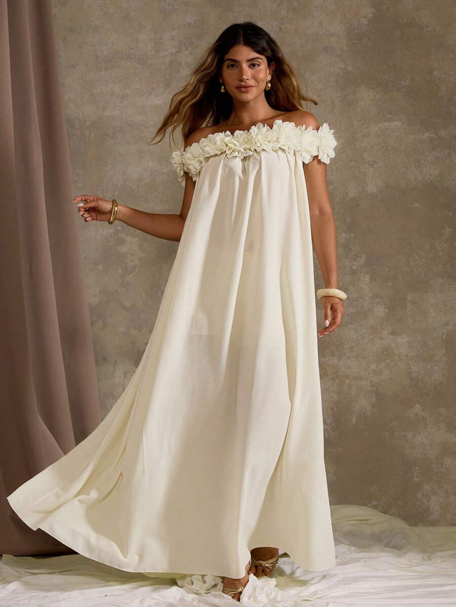 Flirla 大码露肩花卉印花连衣裙，适合海滩和度假 - 杏色 - 查看 1