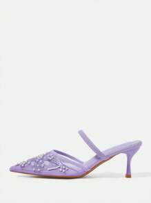 CUCCOO HITCHD Women's Pointed Toe Pearl Embroidery Lace High Heel Mules, Elegant Romantic Light Purple Mesh Dress Shoes, Bridal, Bridesmaid Shoes, Suitable For Afternoon Tea, Dating, Party, Wedding, Banquet